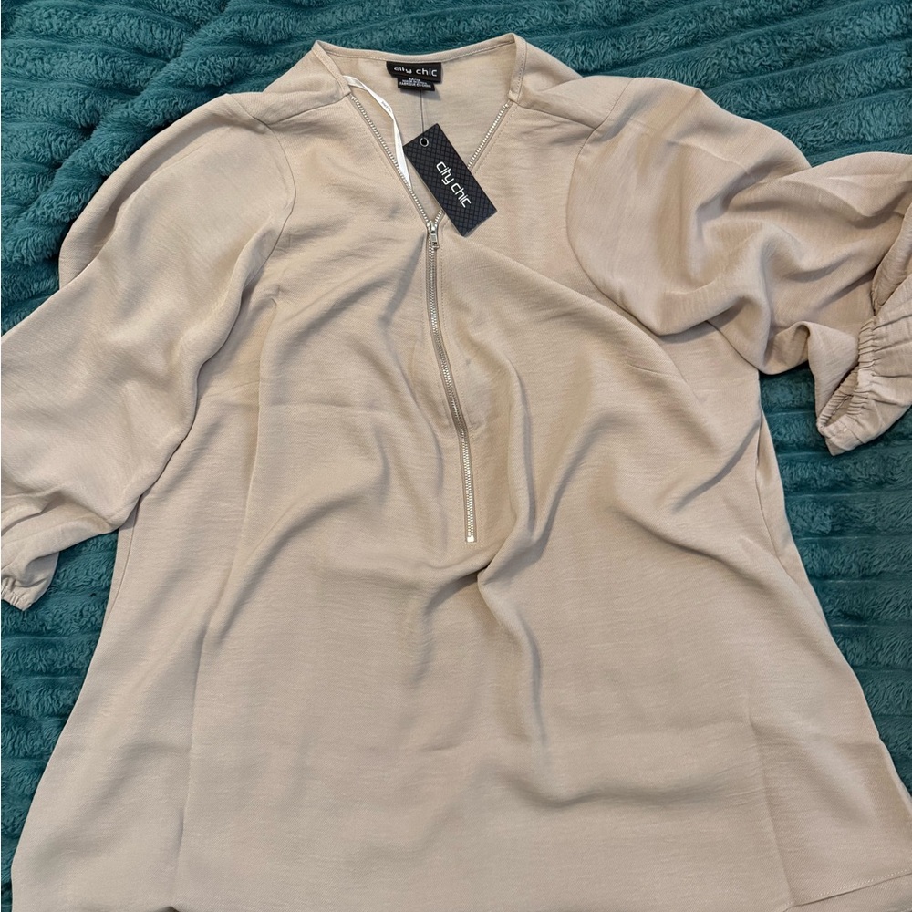 City Chic Neutral Taupe Zip-Front Tunic